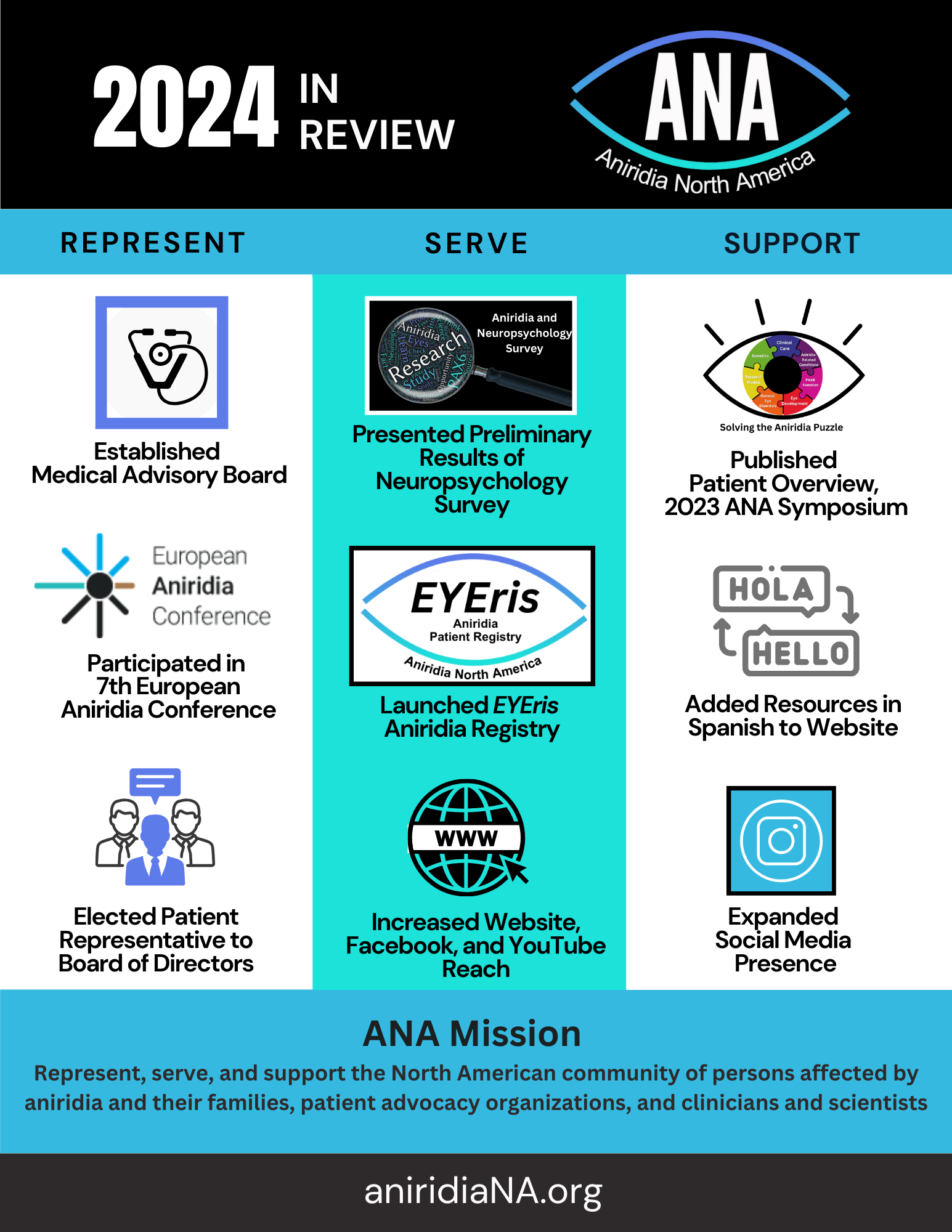 A digital infographic titled "2024 In Review" summarizes the achievements of Aniridia North America (ANA) under three categories: Represent, Serve, and Support. Represent: ANA established a Medical Advisory Board, participated in the 7th European Aniridia Conference, and elected a patient representative to the Board of Directors. Serve: ANA presented preliminary results of a Neuropsychology Survey, launched the EYEris Aniridia Registry, and increased their online reach via website, Facebook, and YouTube. Support: ANA published a Patient Overview from the 2023 ANA Symposium, added Spanish-language resources to their website, and expanded their social media presence. At the bottom, ANA's mission is stated: "Represent, serve, and support the North American community of persons affected by aniridia and their families, patient advocacy organizations, and clinicians and scientists." The website aniridiaNA.org is displayed.