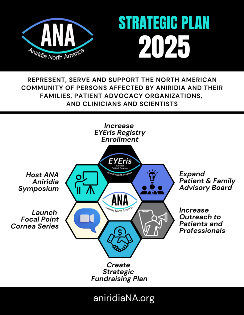 The infographic presents the Strategic Plan for 2025 of Aniridia North America (ANA), an organization dedicated to representing, serving, and supporting individuals affected by aniridia, their families, patient advocacy organizations, clinicians, and scientists.

Design & Structure:
The top section features the ANA logo, with the organization's name inside an eye-shaped outline.
"STRATEGIC PLAN 2025" is displayed in bold turquoise and white text.
Below this, a mission statement in uppercase letters describes ANA’s goal of serving the North American aniridia community.
Core Objectives (Displayed in a Honeycomb Layout):
At the center of the infographic is the ANA logo, surrounded by six interconnected hexagons representing ANA’s 2025 strategic priorities:

Increase EYEris Registry Enrollment (Black hexagon with "EYEris" logo)

Focuses on expanding participation in the patient registry.
Expand Patient & Family Advisory Board (Blue hexagon with an icon of people and a light bulb)

Aims to enhance patient and family engagement in decision-making.
Increase Outreach to Patients and Professionals (Gray hexagon with an icon of a presenter)

Strives to improve awareness and engagement among patients and medical professionals.
Create Strategic Fundraising Plan (Teal hexagon with a handshake and dollar symbol)

Develops a structured approach to financial sustainability.
Launch Focal Point Cornea Series (Light blue hexagon with a video chat icon)

Introduces an educational series focused on corneal health in aniridia.
Host ANA Aniridia Symposium (Teal hexagon with an icon of a presenter at a board)

Plans to organize an event dedicated to discussions and advancements in aniridia research and treatment.
Bottom Section:
The website URL (aniridiaNA.org) is prominently displayed against a black background, encouraging viewers to visit for more information.
This infographic effectively communicates ANA’s key initiatives for 2025 using a clear and visually appealing hexagonal layout.